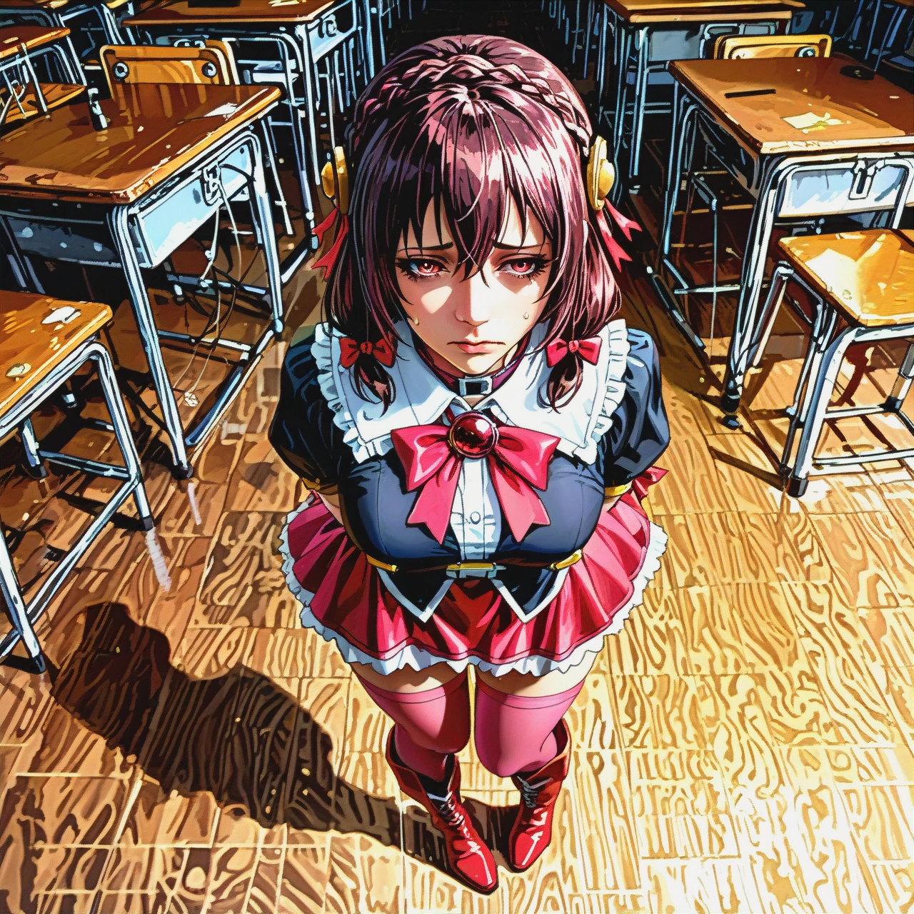 @yunyun, trying to sing into the microphone, sad, standing, pink stockings, high boots. There is a very strict teacher nearby. An old classroom.