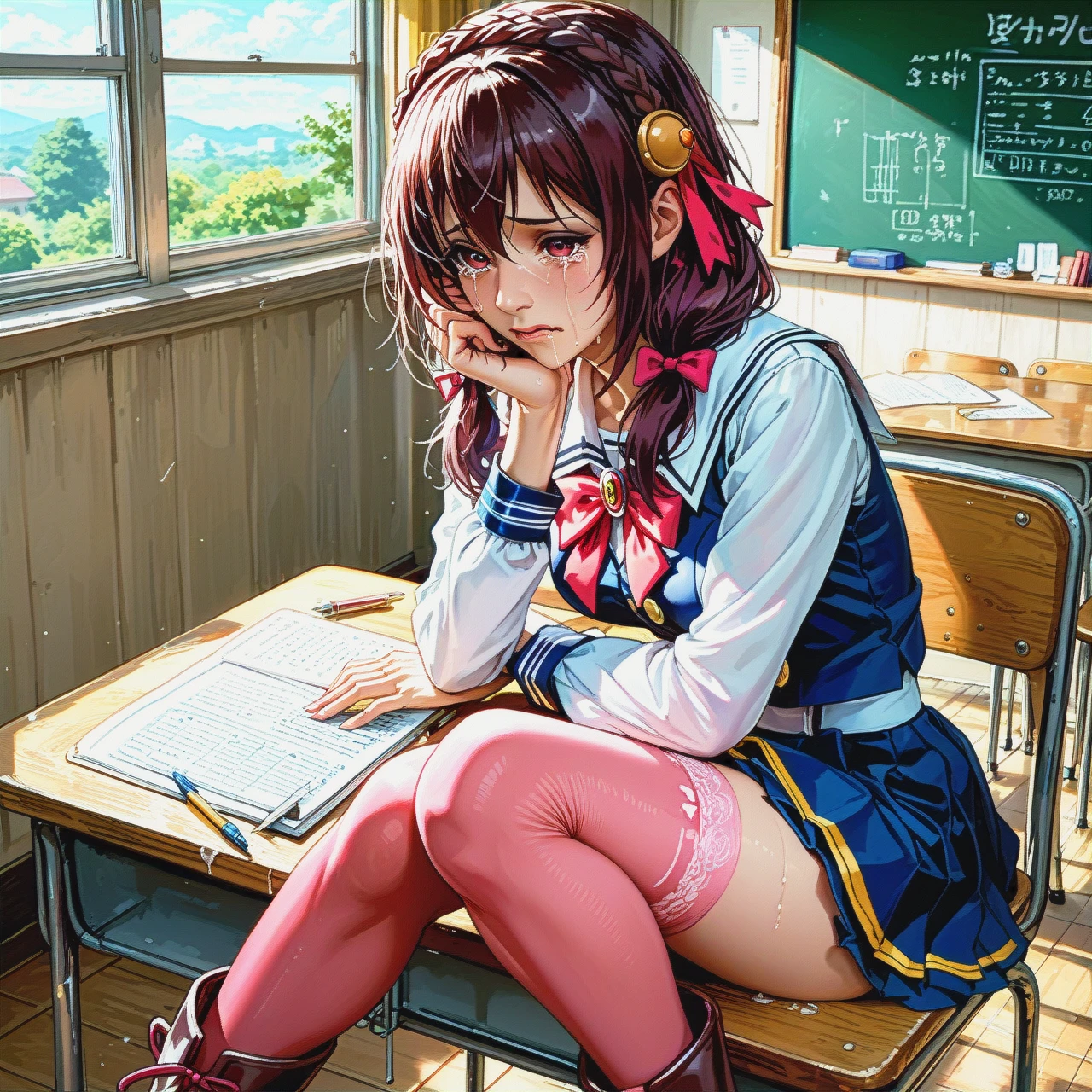 @yunyun, in her school uniform, sits at her desk and writes in a notebook, crying, pink stockings, high boots. An old classroom.