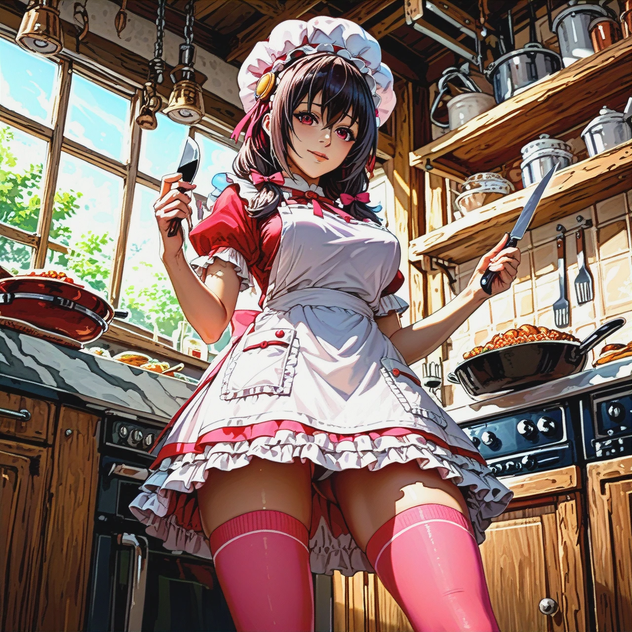 @yunyun, in a chef's hat and apron, holding a kitchen knife, cooking, pink stockings, high boots. The restaurant's kitchen.