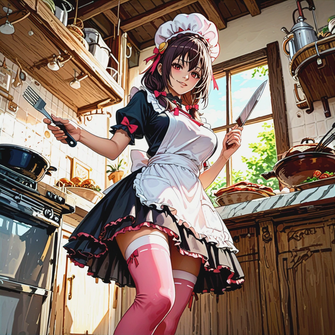 @yunyun, in a chef's hat and apron, holding a kitchen knife, cooking, pink stockings, high boots. The restaurant's kitchen.