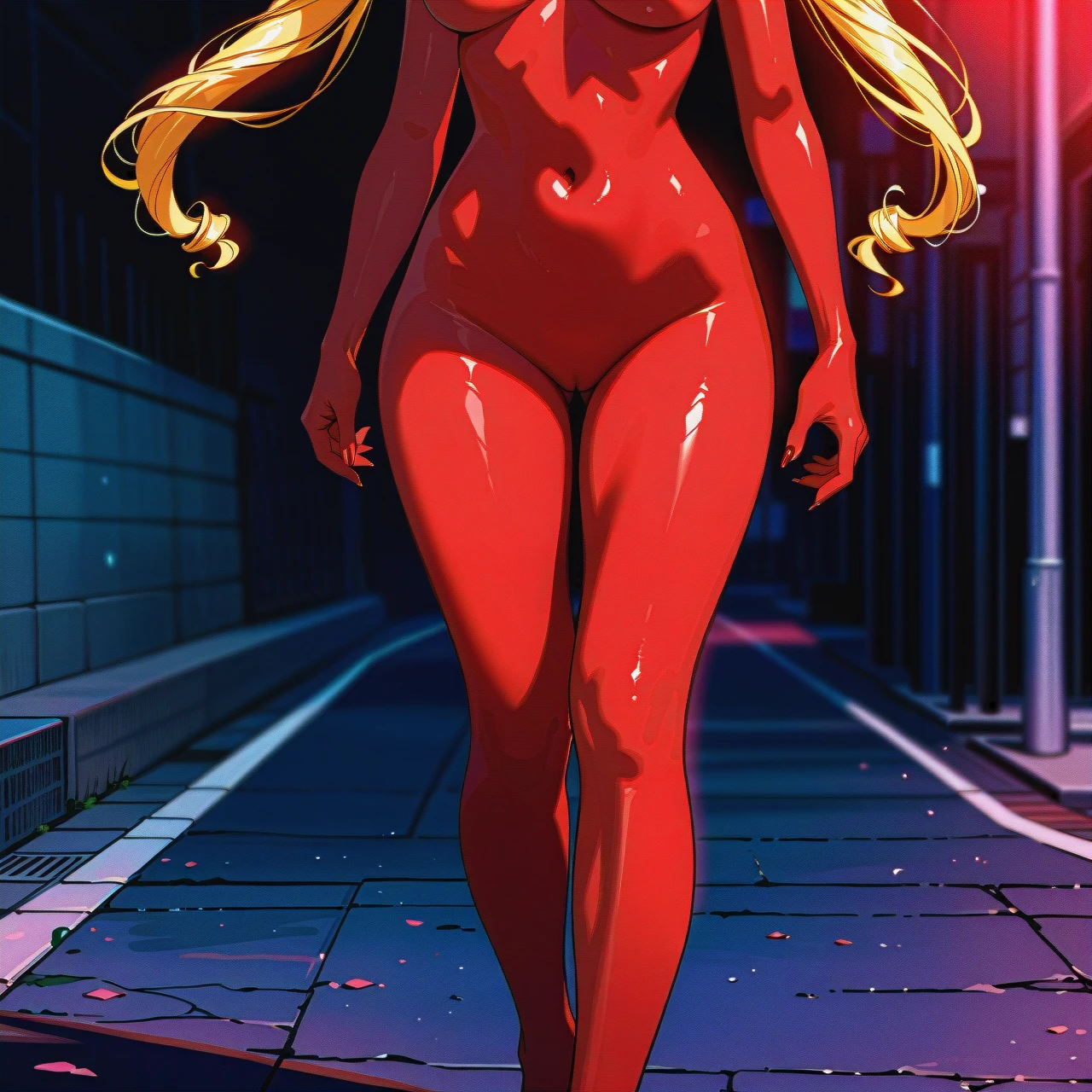 medium breasts ,horny face, heavy breathing  ,eyes roll up ,long legs, long hair, @sailor_moon, nude, (walking), on street, Red painted fingernails, no gloves, (lipstick), (public_nudity) (full_body), show face, (hair_flip)