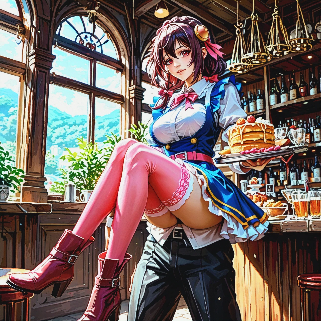 @yunyun, in a waitress's dress, carries a tray of food, pink stockings, high boots. Cafe.