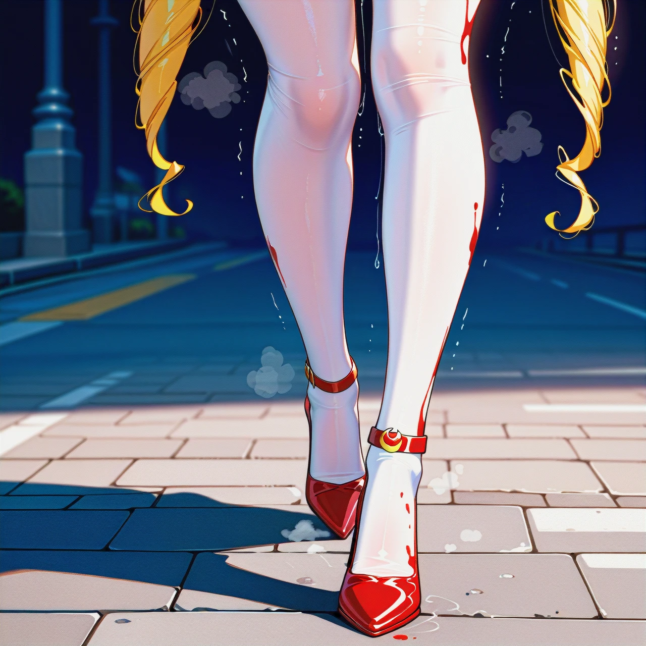 medium breasts ,horny face, heavy breathing  ,eyes roll up ,long legs, long hair, white stockings, @sailor_moon, full body, nude, (walking), on street, high heels, Red painted fingernails, no gloves, red (lipstick),