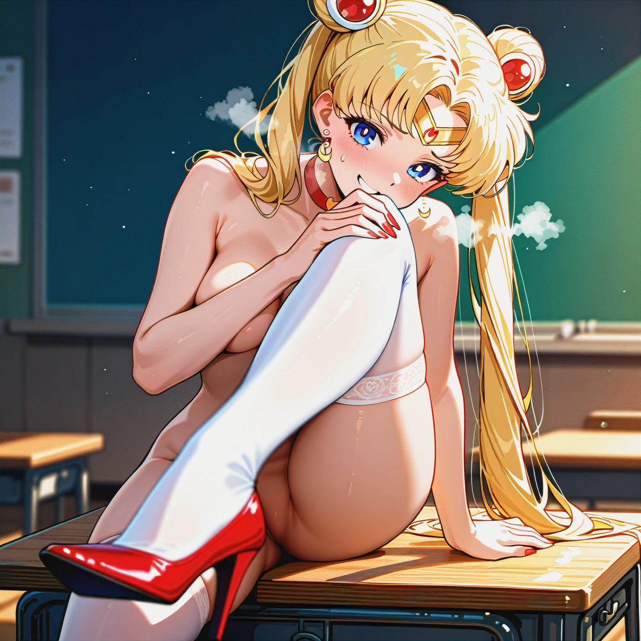 medium breasts ,horny face, heavy breathing  ,eyes roll up ,long legs, long hair, white stockings, @sailor_moon, full body, nude, touching, sit on table, in classroom, high heels, Red painted fingernails,  (leg_up), no gloves