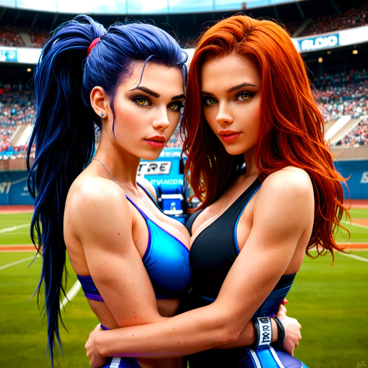 @widowmaker @black_widow   2 girl (full_body)  (asymmetrical_docking)  sportswear  sneakers stadium (shared_bondage) blue skin