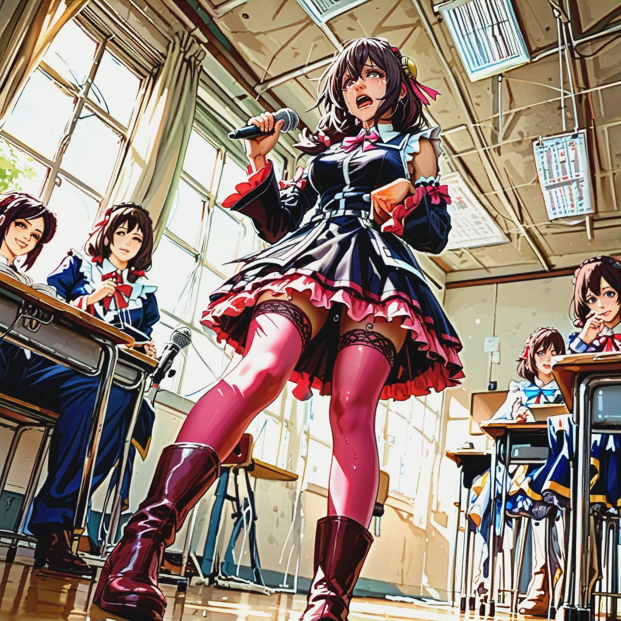 @yunyun, standing, trying to sing into the microphone, crying, pink stockings, high boots. An old classroom.