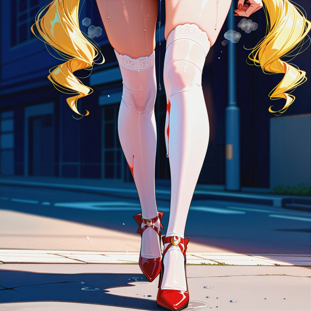 medium breasts ,horny face, heavy breathing  ,eyes roll up ,long legs, long hair, white stockings, @sailor_moon, nude, (walking), on street, high heels, Red painted fingernails, no gloves, red (lipstick), (public_nudity) (full_body), show (hair_flip)