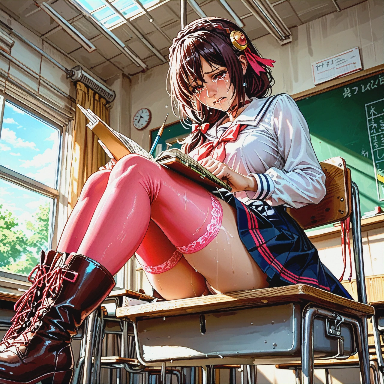 @yunyun, in her school uniform, sits at her desk and writes in a notebook, crying, pink stockings, high boots. An old classroom.