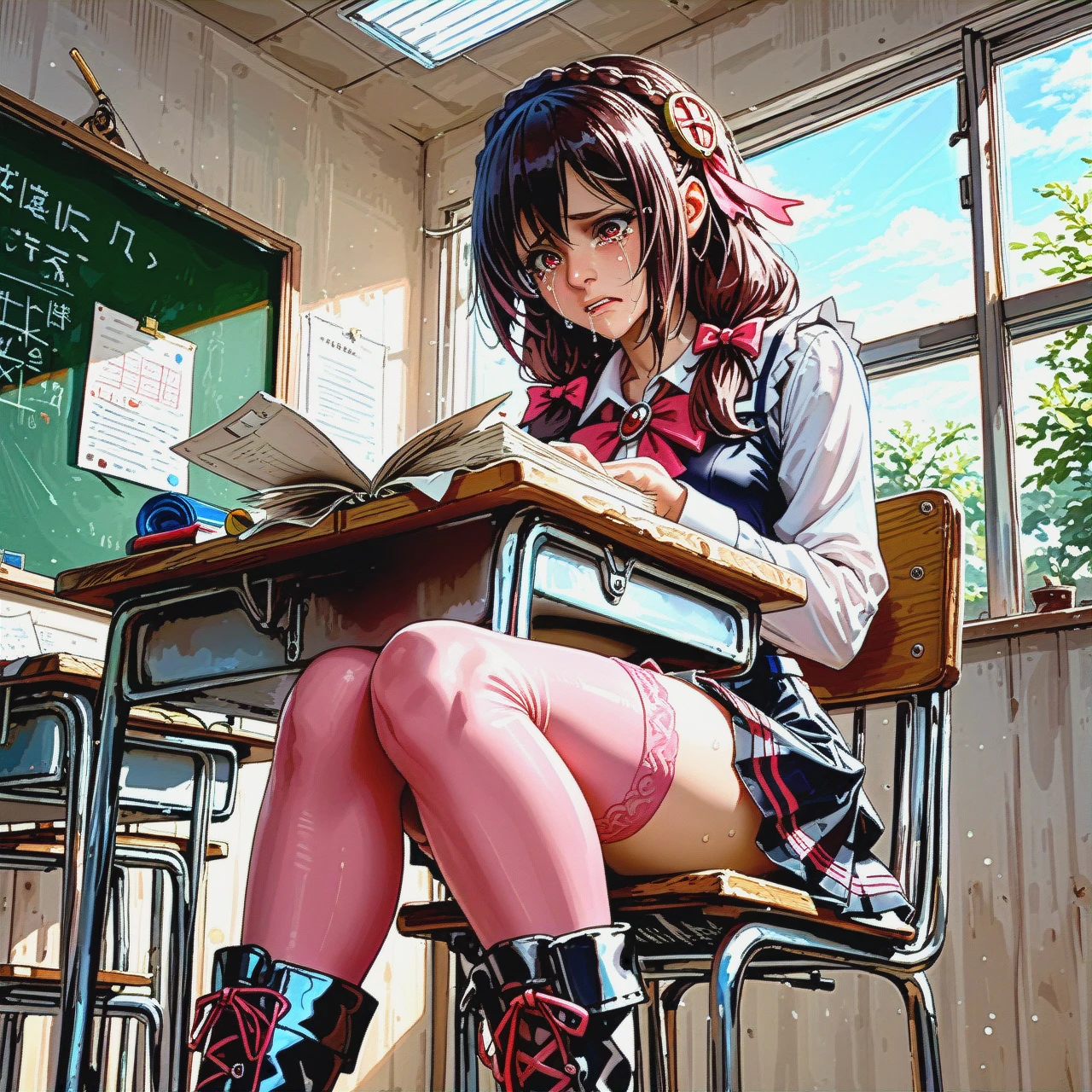 @yunyun, in her school uniform, sits at her desk and writes in a notebook, crying, pink stockings, high boots. An old classroom.