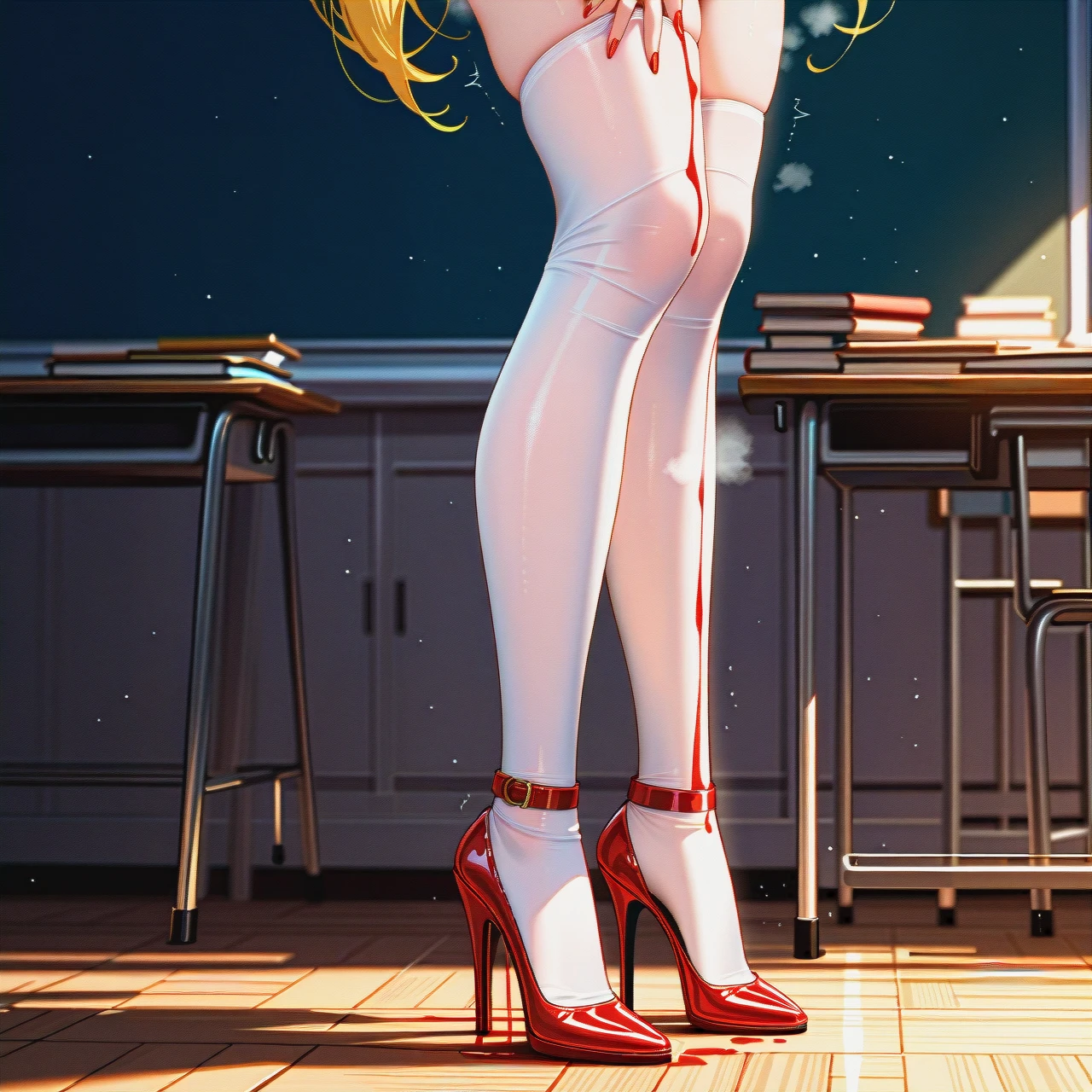 medium breasts ,horny face, heavy breathing  ,eyes roll up ,long legs, long hair, white stockings, @sailor_moon, full body, nude, touching, standing, in classroom, high heels, Red painted fingernails, no gloves, red (lipstick), school books, Writes on a blackboard, full view