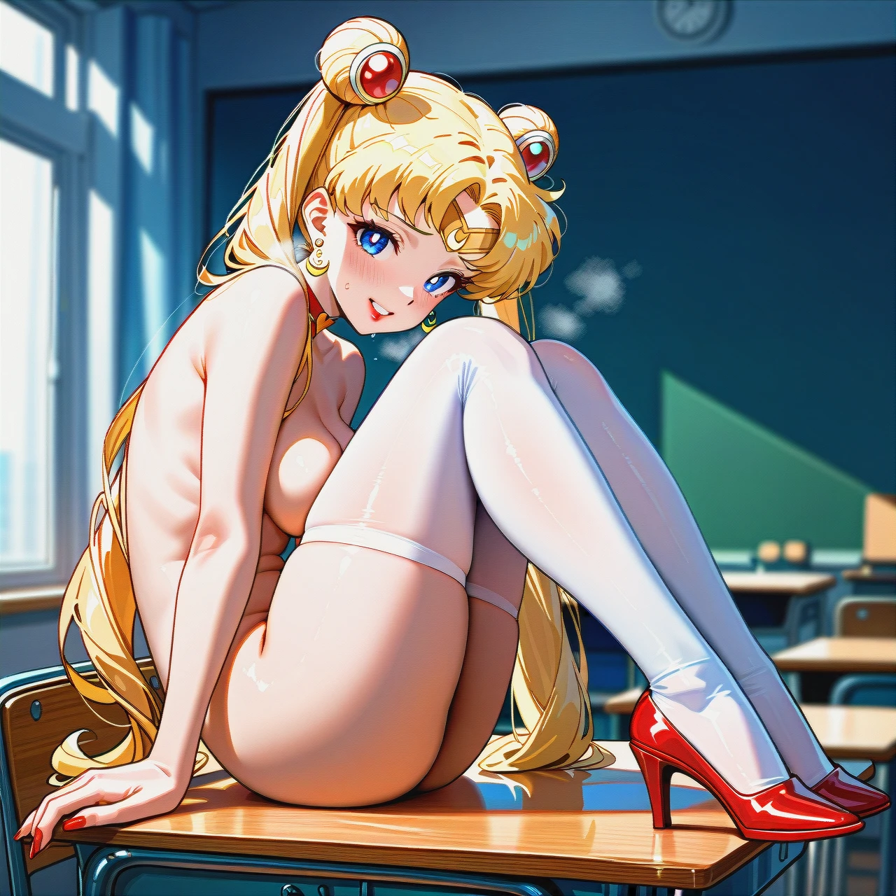 medium breasts ,horny face, heavy breathing  ,eyes roll up ,long legs, long hair, white stockings, @sailor_moon, full body, nude, touching, sit on table, in classroom, high heels, Red painted fingernails,  (leg_up), no gloves, red (lipstick)