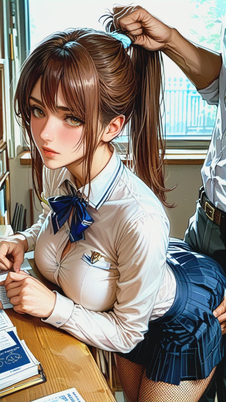 White swedish girl, brown hair, ponytail, schoolgirl costume, (autopaizuri), (fingering_through_clothes), fishnet stockings, perfect (hands_on_ass), (large_breasts), (leaning_forward),  (facing_viewer) standing Doggystyle, clothed man, hair pull