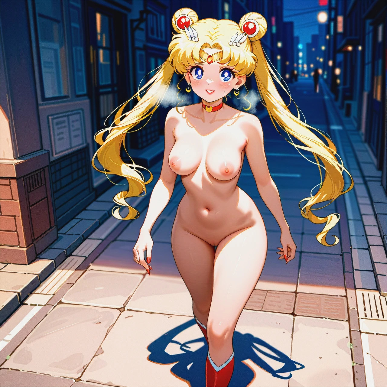 medium breasts ,horny face, heavy breathing  ,eyes roll up ,long legs, long hair, @sailor_moon, nude, (walking), on street, Red painted fingernails, no gloves, (lipstick), (public_nudity) (full_body), show face, (hair_flip)