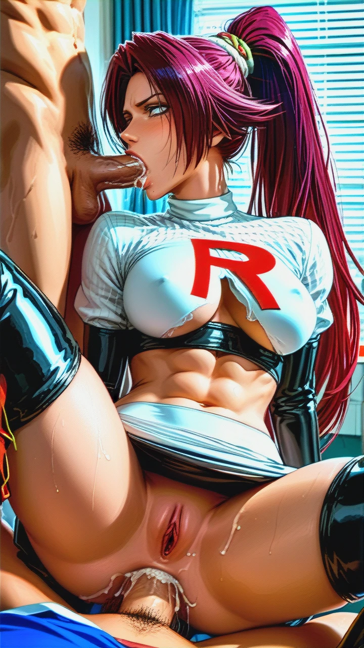 @jessie, (anal), 2 girls, team rocket costume, (deepthroat), fishnet body shirt, horny face, bedroom, (upskirt), thigh high fuck me boots, (cum), (spread_legs), (legs_up), (pointy_breasts), fucked by @ash_ketchum, @shihouin_yoruichi, (orgy), (breasts_out), (orgy), (anal_fingering), (double_penetration)