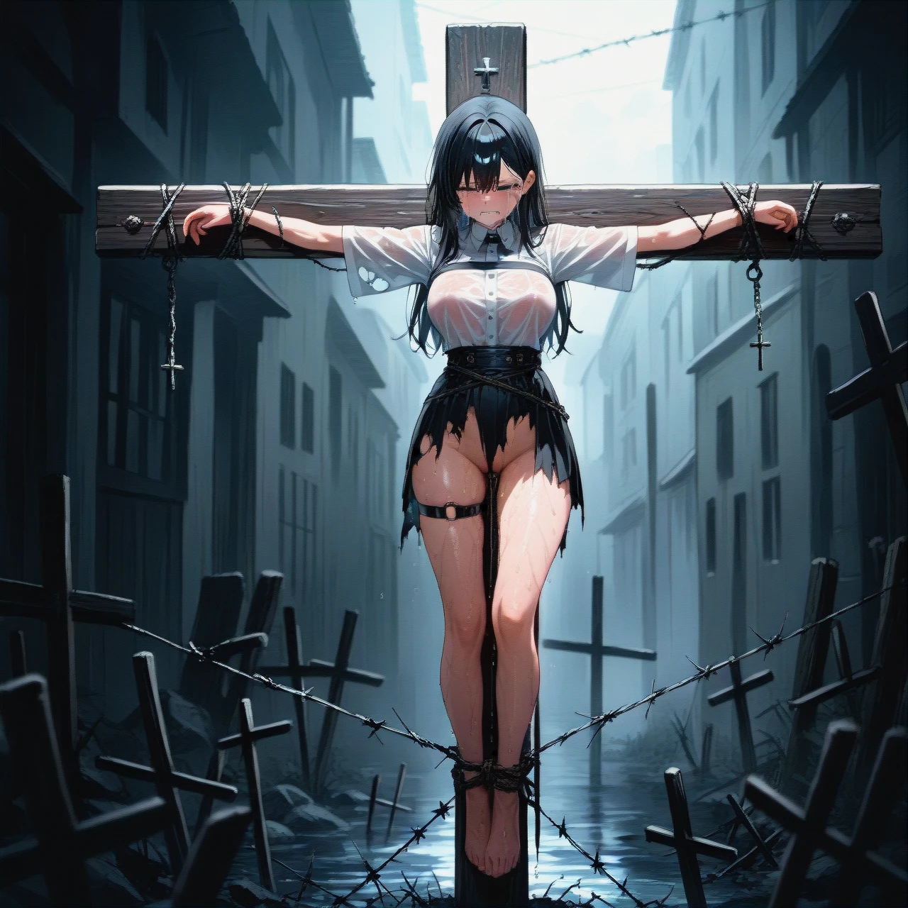 crucifixion, a girl was crucified, pain, crying, tied to a cross, hands nailed to a cross, legs tied with barbed wire, torn clothes, wet clothes, wounds on the body