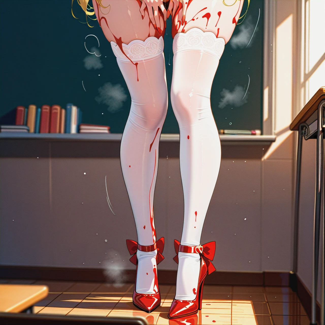 medium breasts ,horny face, heavy breathing  ,eyes roll up ,long legs, long hair, white stockings, @sailor_moon, full body, nude, touching, standing, in classroom, high heels, Red painted fingernails, no gloves, red (lipstick), school books, Writes on a blackboard, full view of body