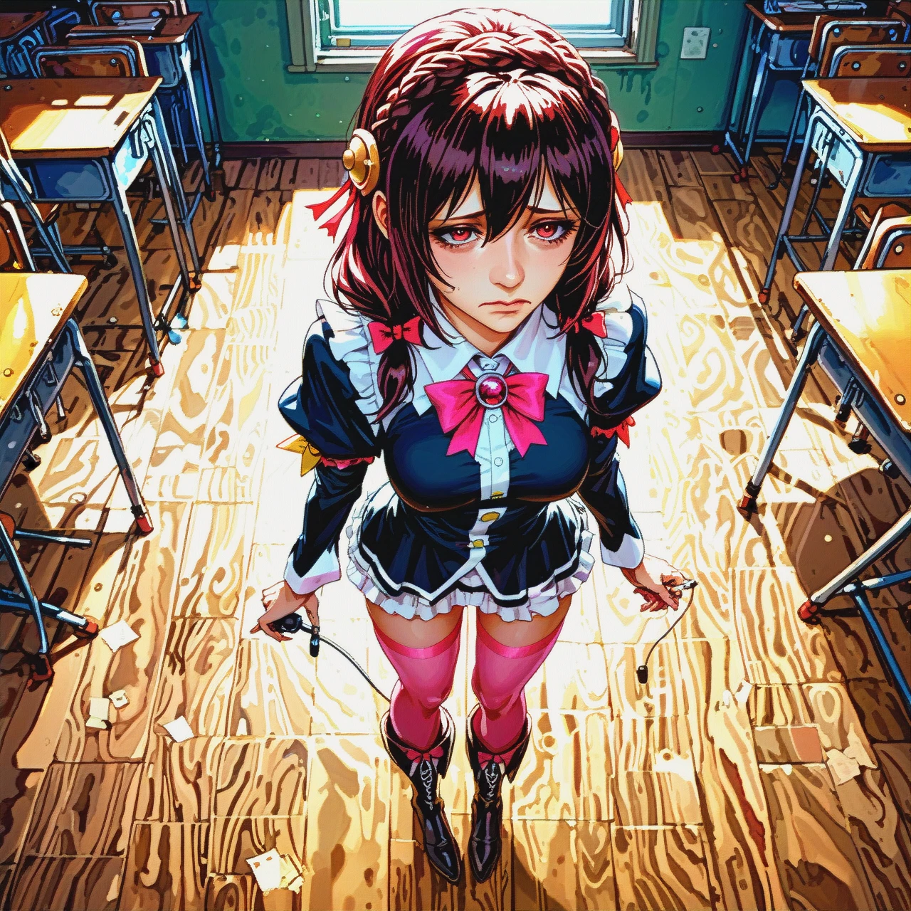 @yunyun, trying to sing into the microphone, sad, standing, pink stockings, high boots. There is a very strict teacher nearby. An old classroom.