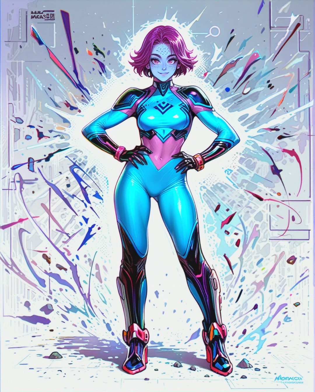 A cute alien woman. Looks human but has blue skin and purple hair. Curious, happy. Wears a skin tight bodysuit. Exposed midriff. Full body view. H hands on hips.