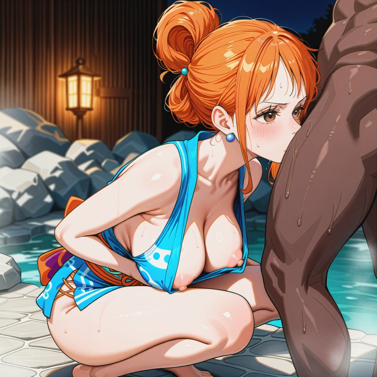 onsen, sole male, sole female, pulled back hairstyle, (squatting) , @nami,wano outfit,kunoichi, (nipple_slip) , (anilingus) , interracial, (smelling)