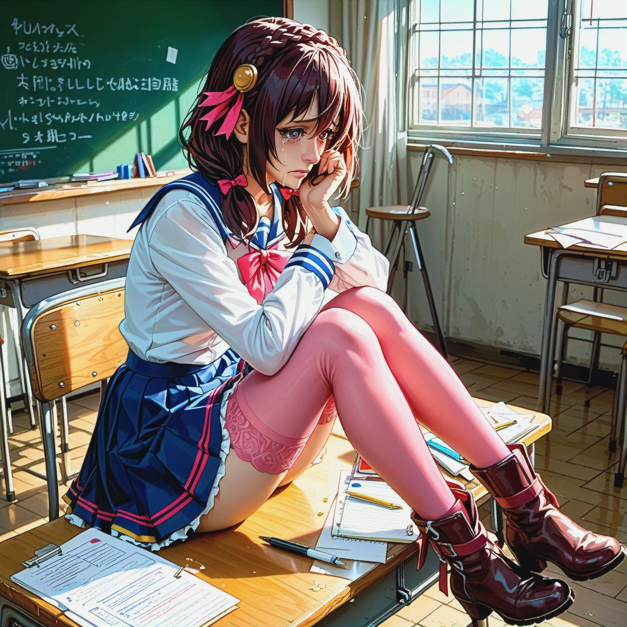 @yunyun, in her school uniform, sits at her desk and writes in a notebook, crying, pink stockings, high boots. An old classroom.