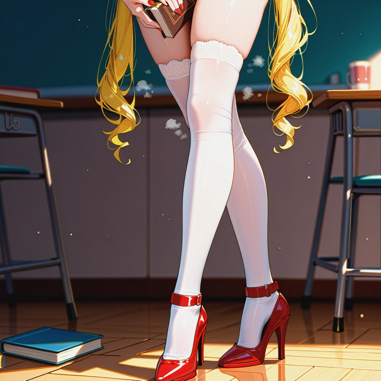 medium breasts ,horny face, heavy breathing  ,eyes roll up ,long legs, long hair, white stockings, @sailor_moon, full body, nude, touching, standing, in classroom, high heels, Red painted fingernails, no gloves, red (lipstick), school books, Holding books