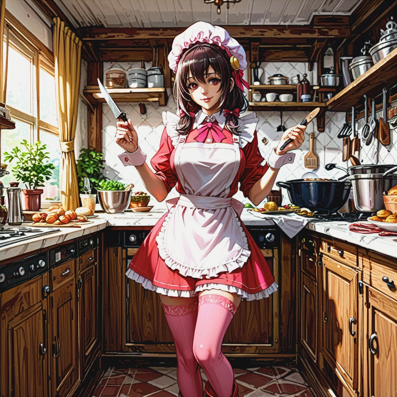 @yunyun, in a chef's hat and apron, holding a kitchen knife, cooking, pink stockings, high boots. The restaurant's kitchen.