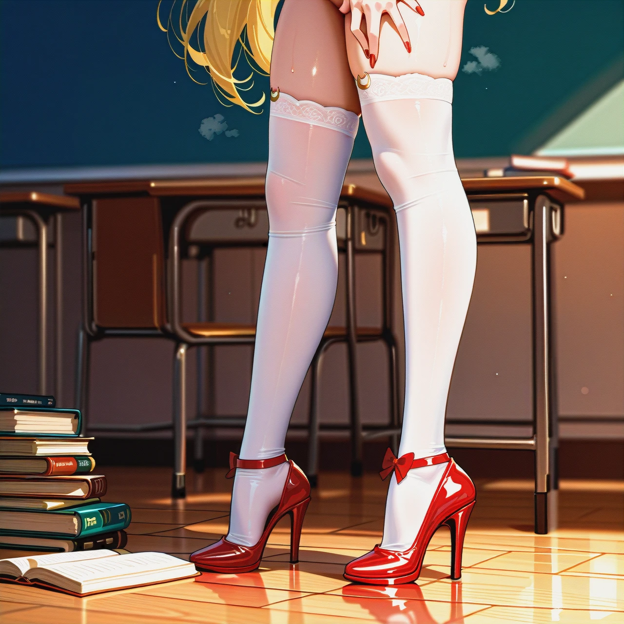 medium breasts ,horny face, heavy breathing  ,eyes roll up ,long legs, long hair, white stockings, @sailor_moon, full body, nude, touching, standing, in classroom, high heels, Red painted fingernails, no gloves, red (lipstick), school books, Holding books