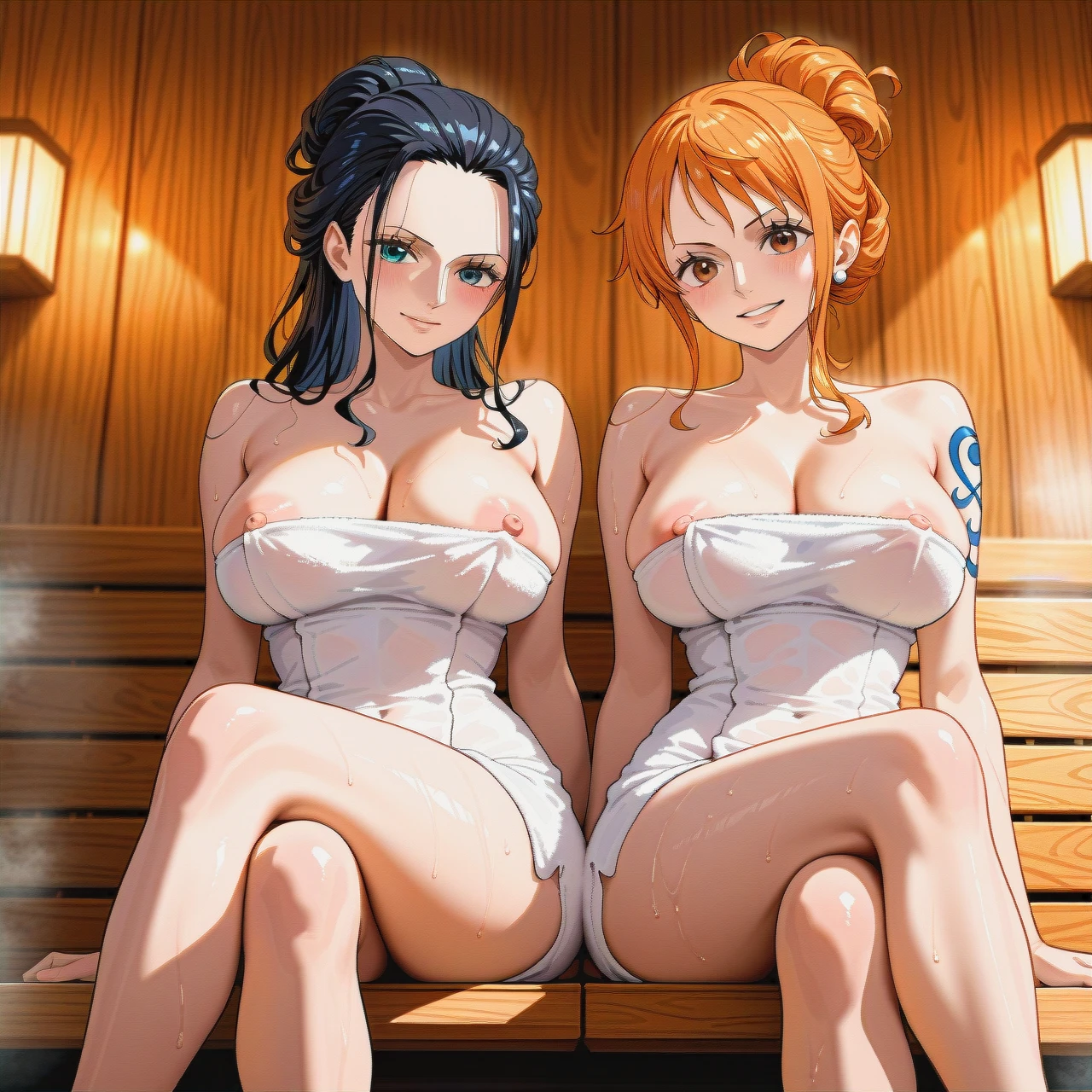 sauna, 2 girls, pulled back hairstyle, towel, (nipple_slip) , (sitting) , (crossed_legs) , @nami and @nico_robin