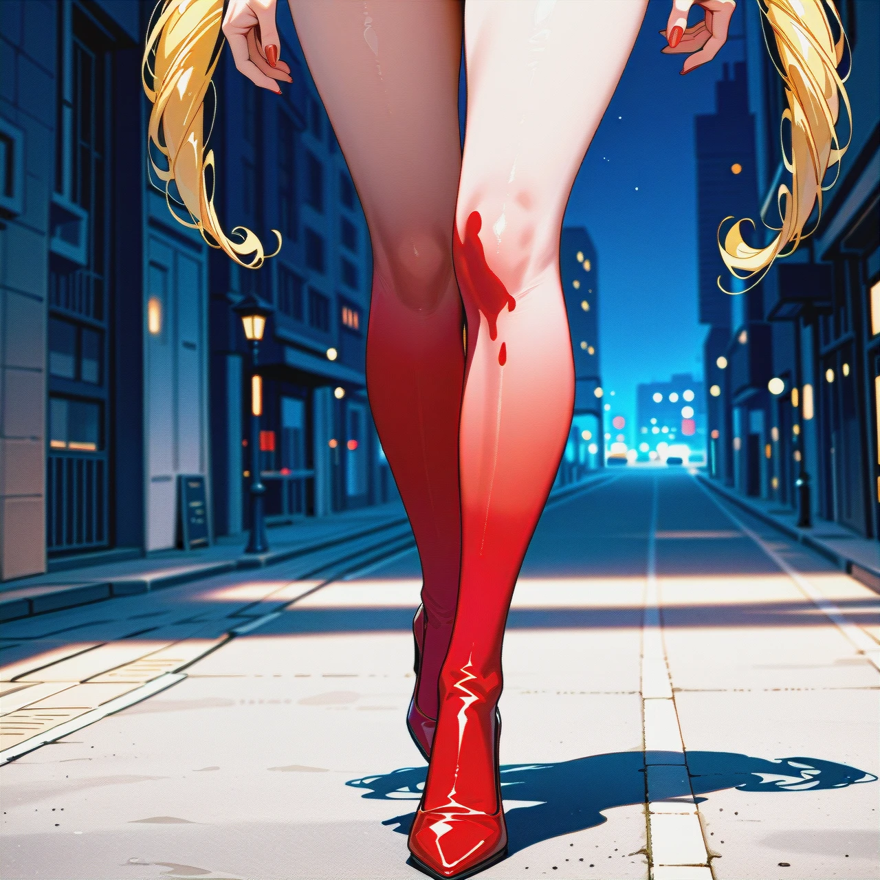 medium breasts ,horny face, heavy breathing  ,eyes roll up ,long legs, long hair, white stockings, @sailor_moon, nude, (walking), on street, high heels, Red painted fingernails, no gloves, red (lipstick), (public_nudity) (full_body), show face, (hair_flip)