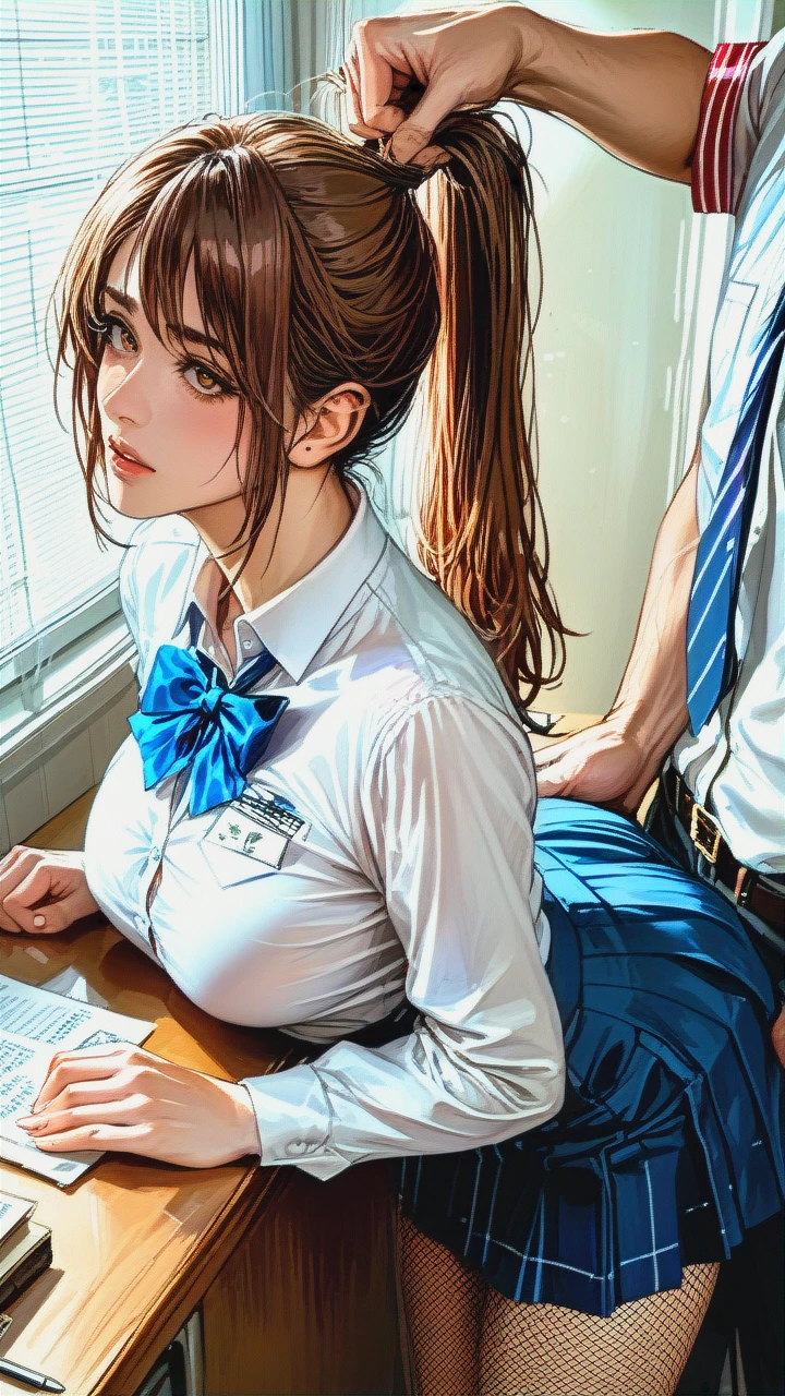 White swedish girl, brown hair, ponytail, schoolgirl costume, (autopaizuri), (fingering_through_clothes), fishnet stockings, perfect (hands_on_ass), (large_breasts), (leaning_forward),  (facing_viewer) standing Doggystyle, clothed man, hair pull