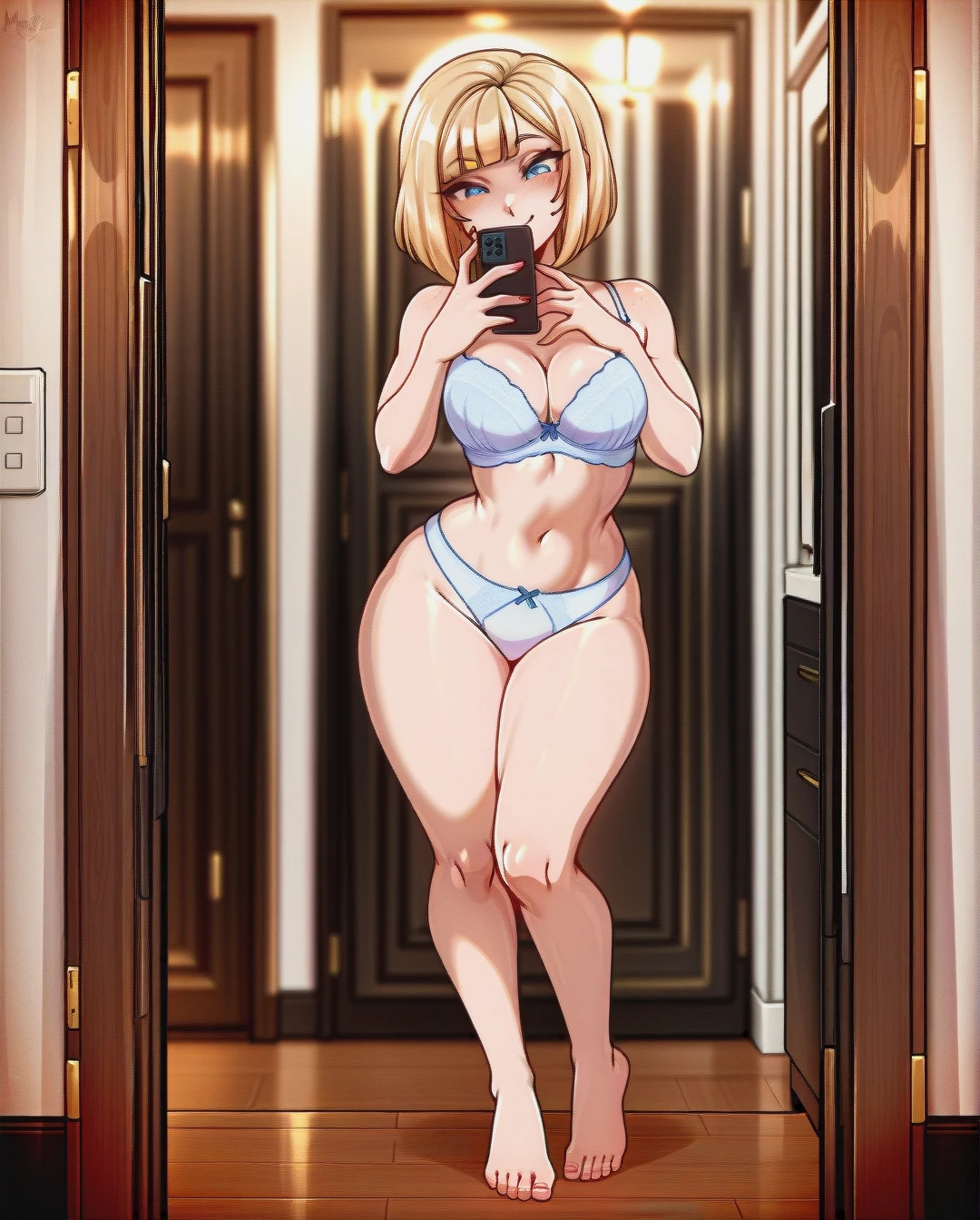 @meruccubus ,pale skin,  white panties, smile, full body, (selfiemirror) , blonde, bob cut, holding phone, (mature_female) , (standing) , (bra)