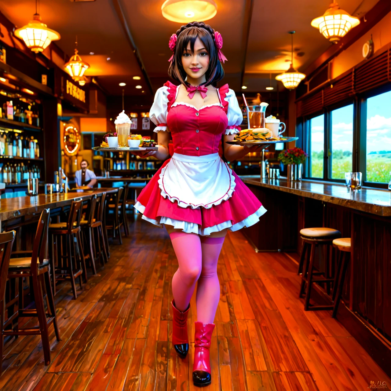 @yunyun, in a waitress's dress, carries a tray of food, pink stockings, high boots. Cafe.