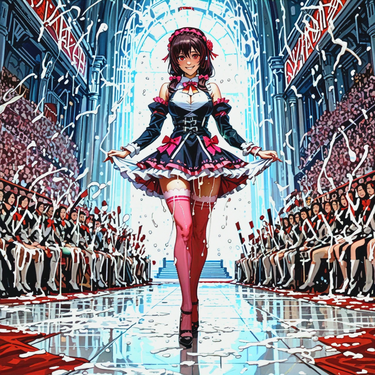 @yunyun naked, covered in thick streaks of cum, standing on a pedestal, smiling impudently, pink stockings, high heels. arena.