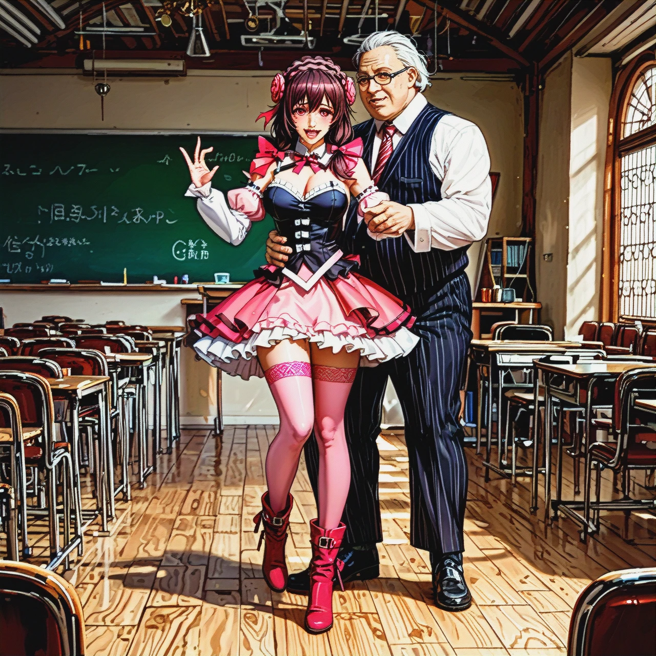 1 man + 1 woman. An old, thin, tall man teaches @yunyun to dance. @yunyun, dancing, crying, looking at the viewer, pink stockings, high boots. At full height. The old classroom.