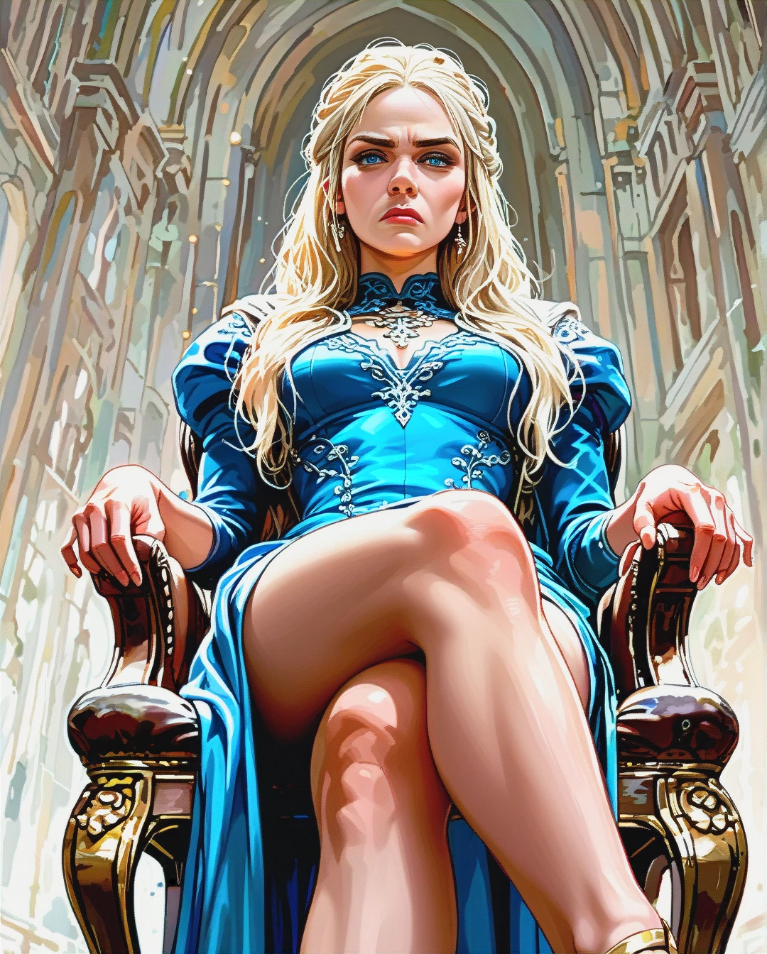 1girl, solo, Daenerys Targaryen, full clothes, blue dress, (sitting) on chair, (annoyed), (crossed_legs), shoe dangle,  (facing_viewer),  (full_body), (from_below)