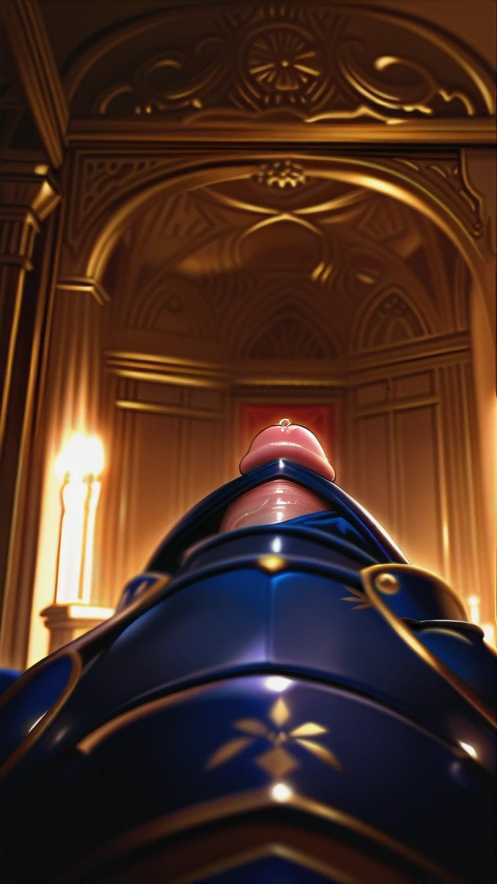 Futanari, @artoria_pendragon, neutral expression, exposed nipples, exaggeratedly large tits, taker pov, cock focus, cock close up, leaking precum, dark armor, throne room