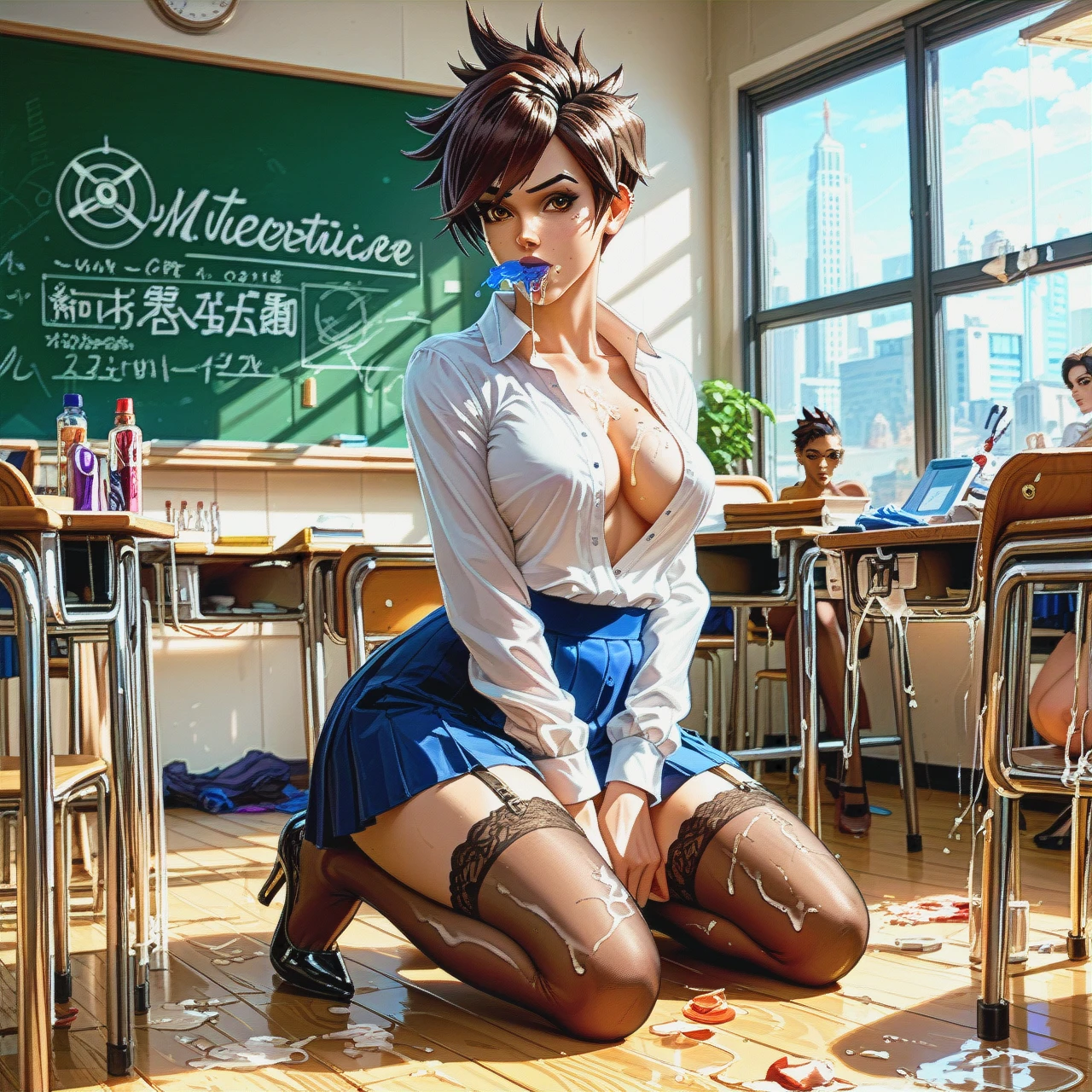 @tracer @sombra schoolgirl classroom  stockings heels  (undressing) (cum_in_mouth)  2_girl (kneeling) (wax_play)