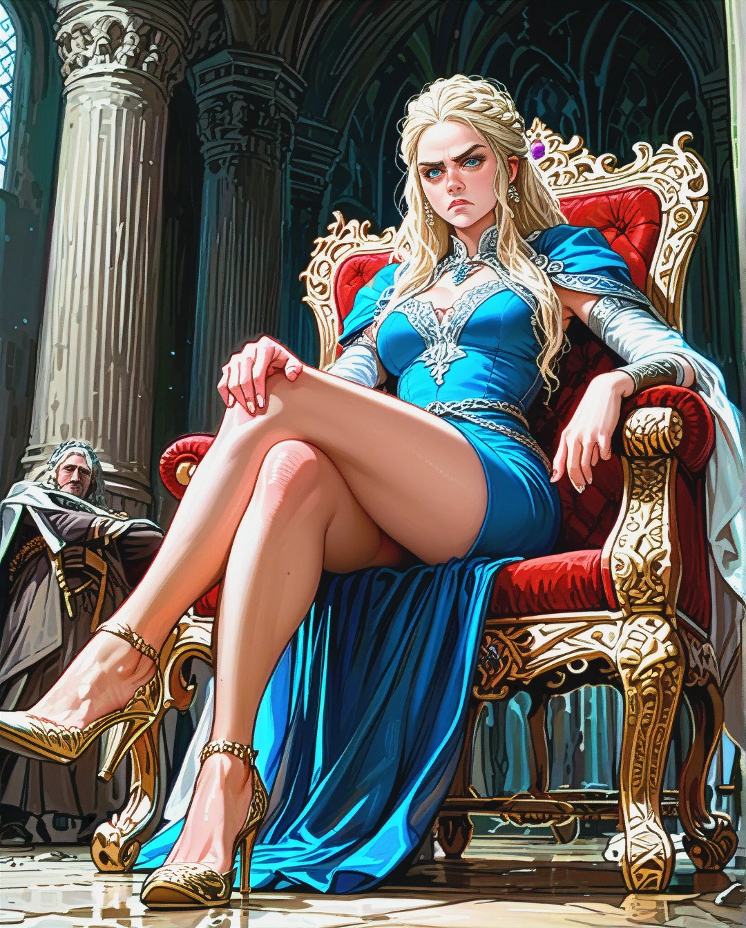 1girl, solo, Daenerys Targaryen, full clothes, blue dress, (sitting) on chair, (annoyed), (crossed_legs), shoe dangle,  (facing_viewer),  (full_body), (from_below)