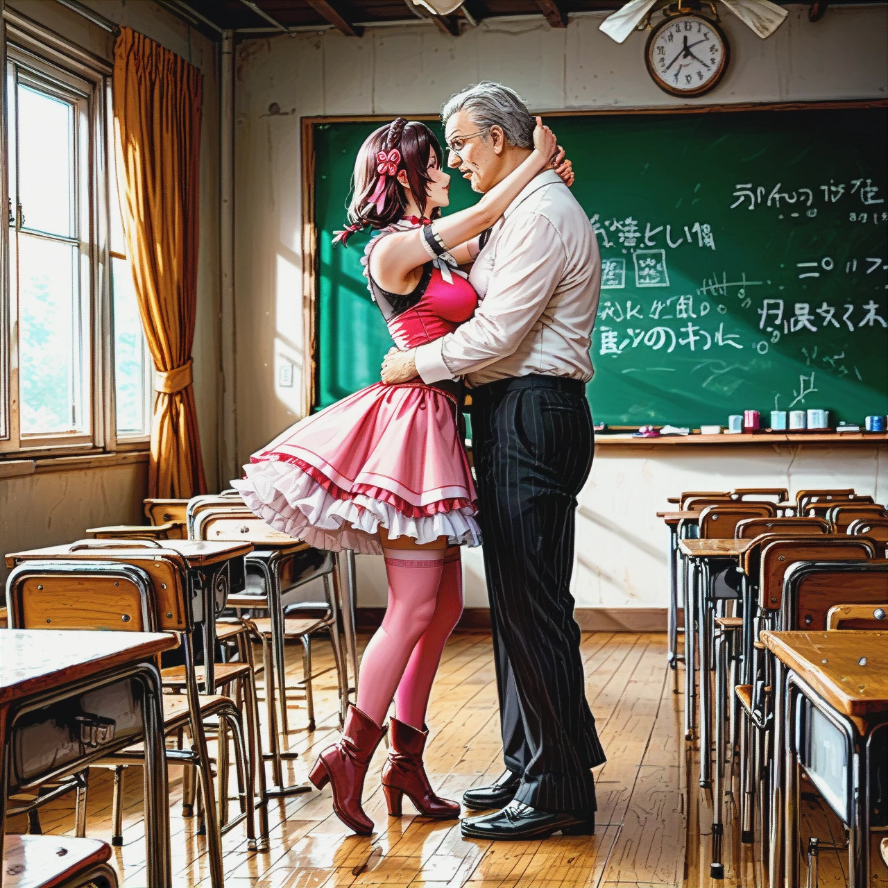 1 man + 1 woman. An old, thin, tall man teaches @yunyun to dance. @yunyun, dancing, crying, pink stockings, high boots. At full height. The old classroom.