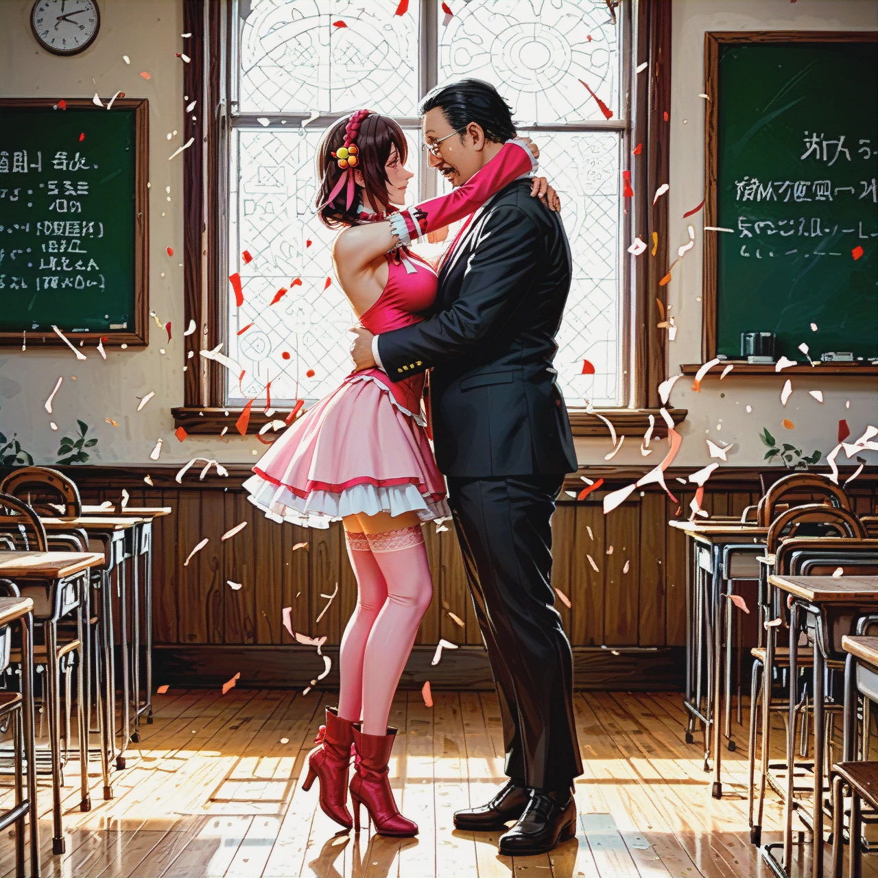 1 man + 1 woman. An old, thin, tall man teaches @yunyun to dance. @yunyun, dancing, crying, pink stockings, high boots. At full height. The old classroom.