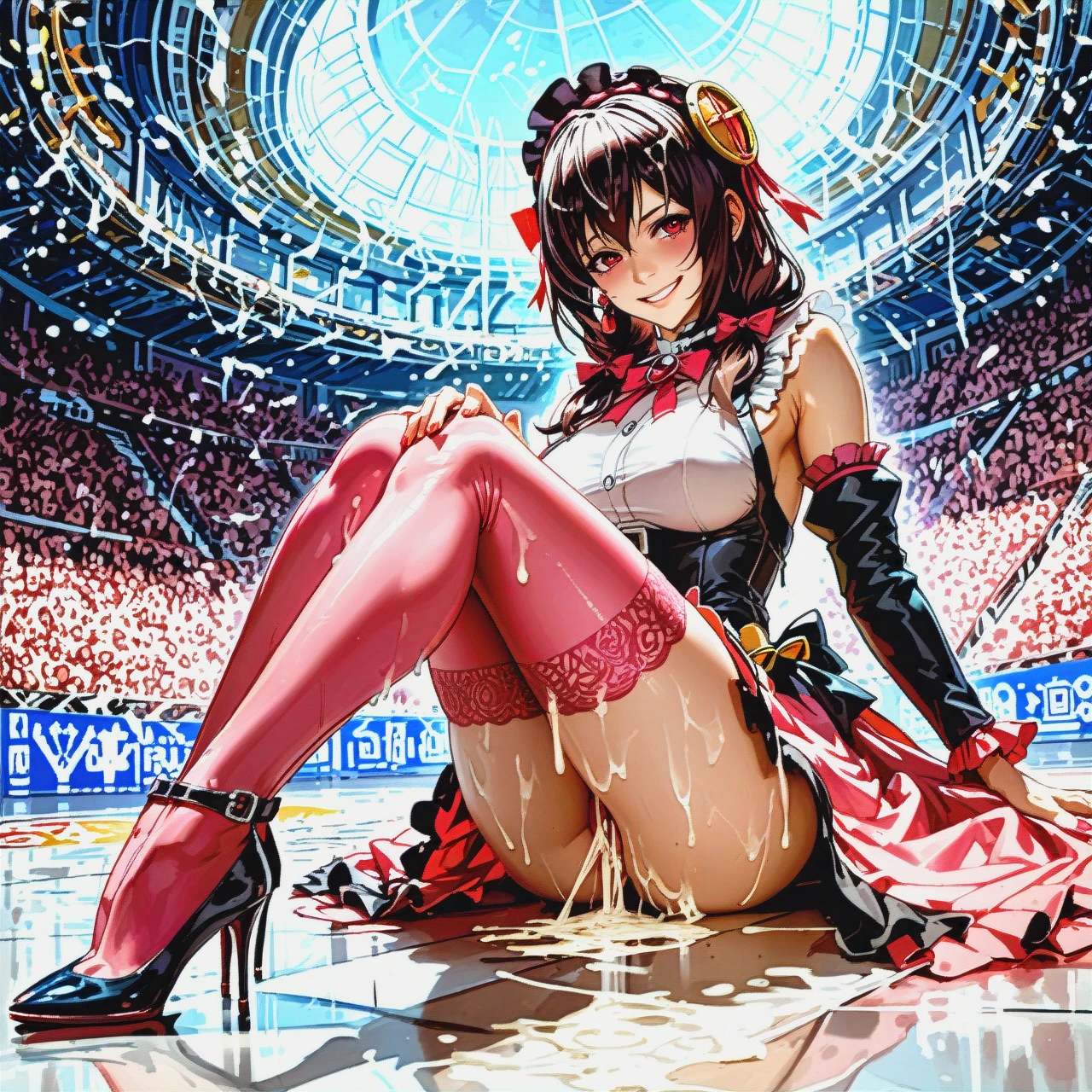 @yunyun naked, covered in thick streaks of cum, sitting on a pedestal, smiling impudently, pink stockings, high heels. arena.