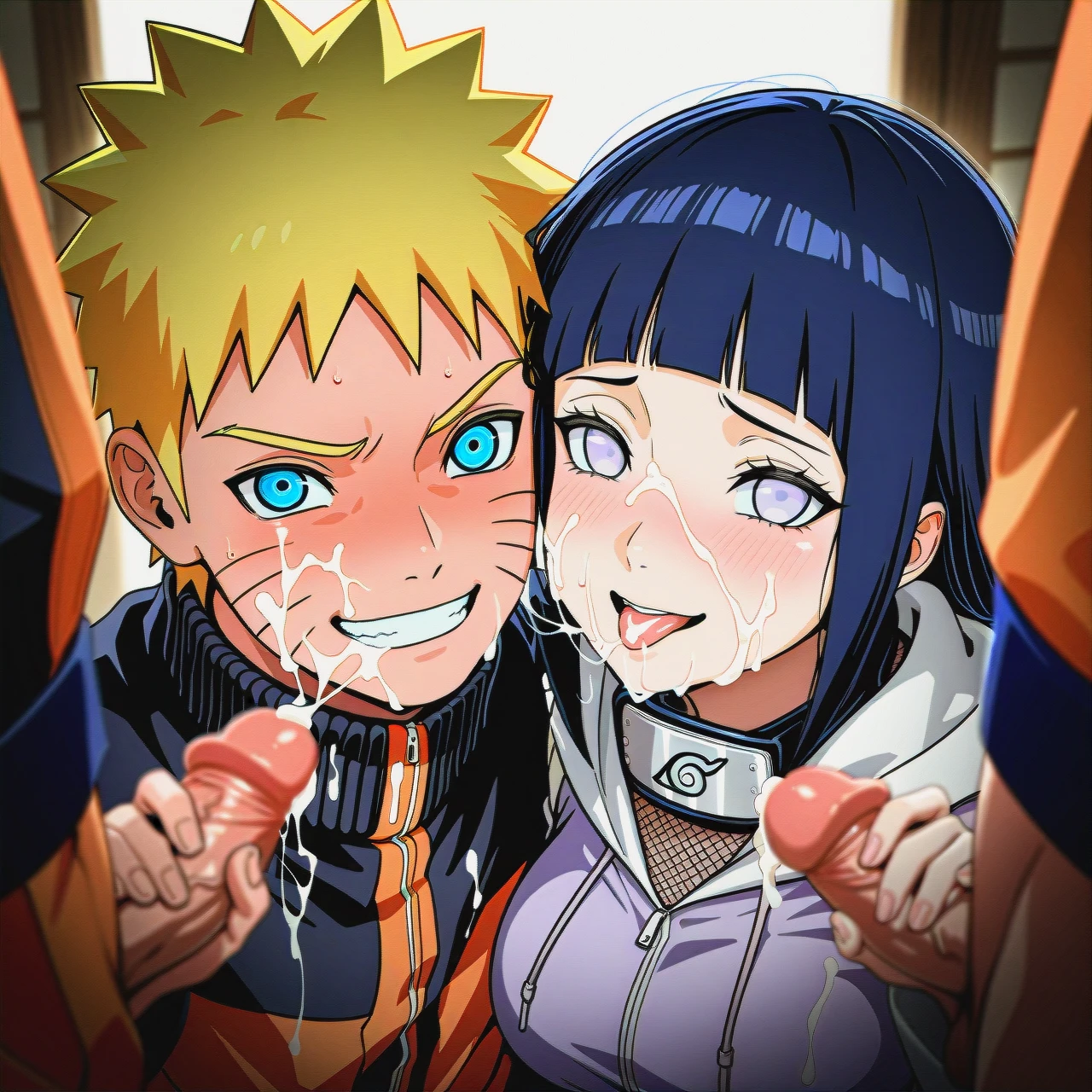 1girl, 4 boys, @hyuuga_hinata @uzumaki_naruto (group_sex) (gangbang) (double_handjob) (naughty_face) (cum) (bukkake) (hairjob)