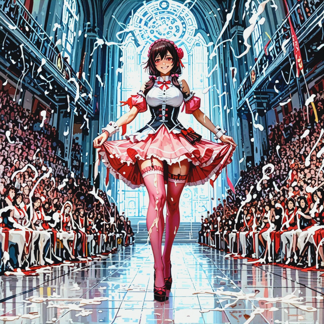 @yunyun naked, covered in thick streaks of cum, standing on a pedestal, smiling impudently, pink stockings, high heels. arena.