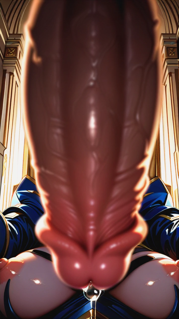 Futanari, @artoria_pendragon, neutral expression, exposed nipples, exaggeratedly large tits, taker pov, cock focus, cock close up, leaking precum, dark armor, throne room