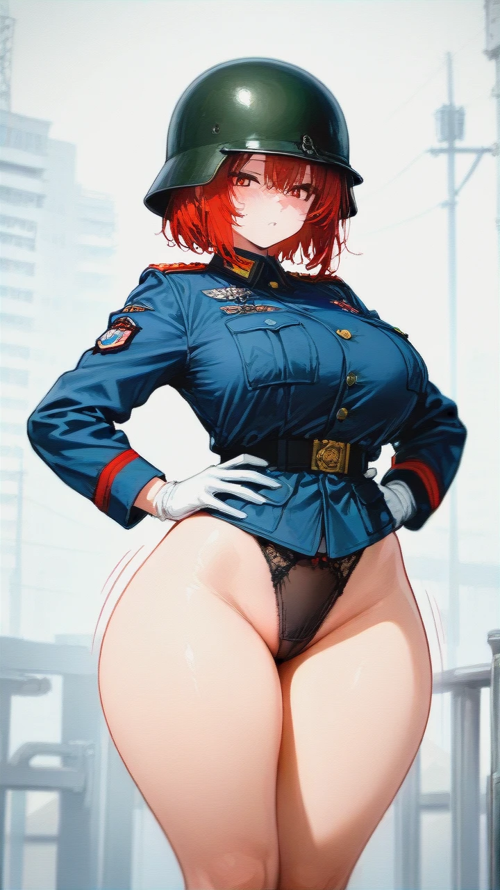 1girl, military form,army helmet,(curvy) , (large_breasts) ,big_hips,black_panties,(hands_on_hips)