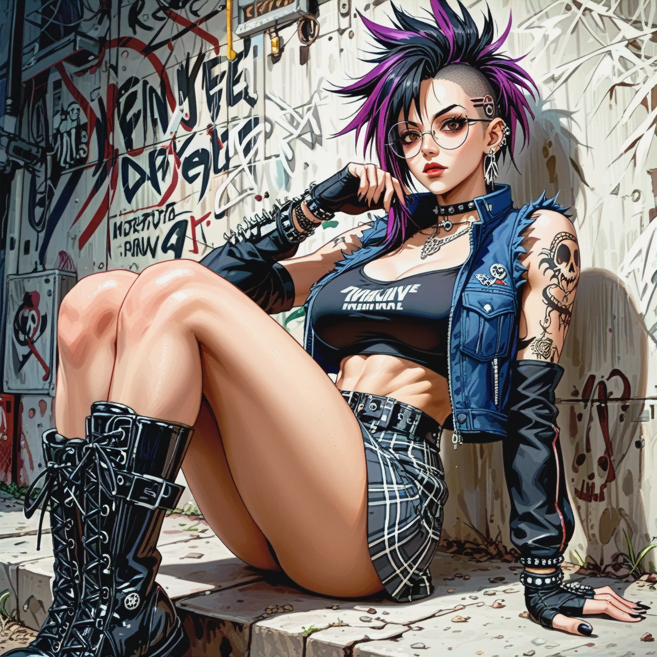 Create an image of a young woman in her early twenties with a distinctive punk style. The woman is tall and lithe, with olive skin and dark brown eyes. Her hair is waist-length, punky purple, and unstyled, adding an edgy flair to her appearance. She is notable for her long eyelashes.  Her right arm features a striking black and white tattoo sleeve with a realistic depiction of a grinning skull, contributing to her punk aesthetic. She wears a dark blue denim vest over a fitted black t-shirt and a red and black plaid skirt. Her footwear consists of faded black combat boots, tied with black laces, enhancing her rebellious look. To complete her ensemble, she dons brown-framed round glasses. Notably, it appears she isn't wearing a bra, which is subtly observable under her clothing.