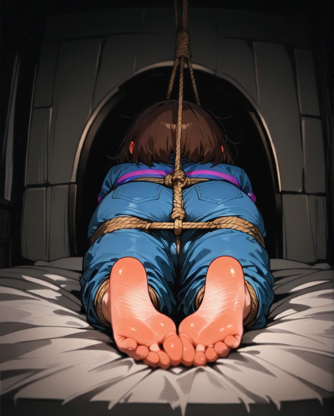 @frisk (bdsm) (bondage) to the bed with ropes on her hands and feet, The crying faceIn a dark room naked