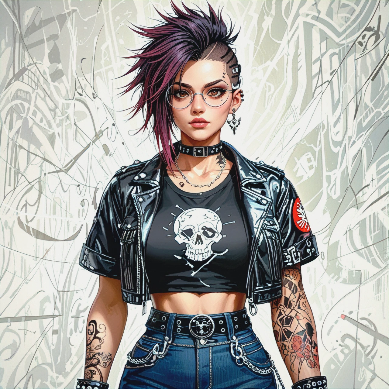 Create an image of a young woman in her early twenties with a distinctive punk style. The woman is tall and lithe, with olive skin and dark brown eyes. Her hair is waist-length, punky purple, and flowing, adding an edgy flair to her appearance. She is notable for her long eyelashes.  Her right arm features a striking black and white tattoo sleeve with a realistic depiction of a grinning skull, contributing to her punk aesthetic. She wears a dark blue denim vest over a fitted black t-shirt and a red and black plaid skirt. Her footwear consists of faded black combat boots, tied with black laces, enhancing her rebellious look. To complete her ensemble, she dons brown-framed round glasses. Notably, it appears she isn't wearing a bra, which is subtly observable under her clothing.