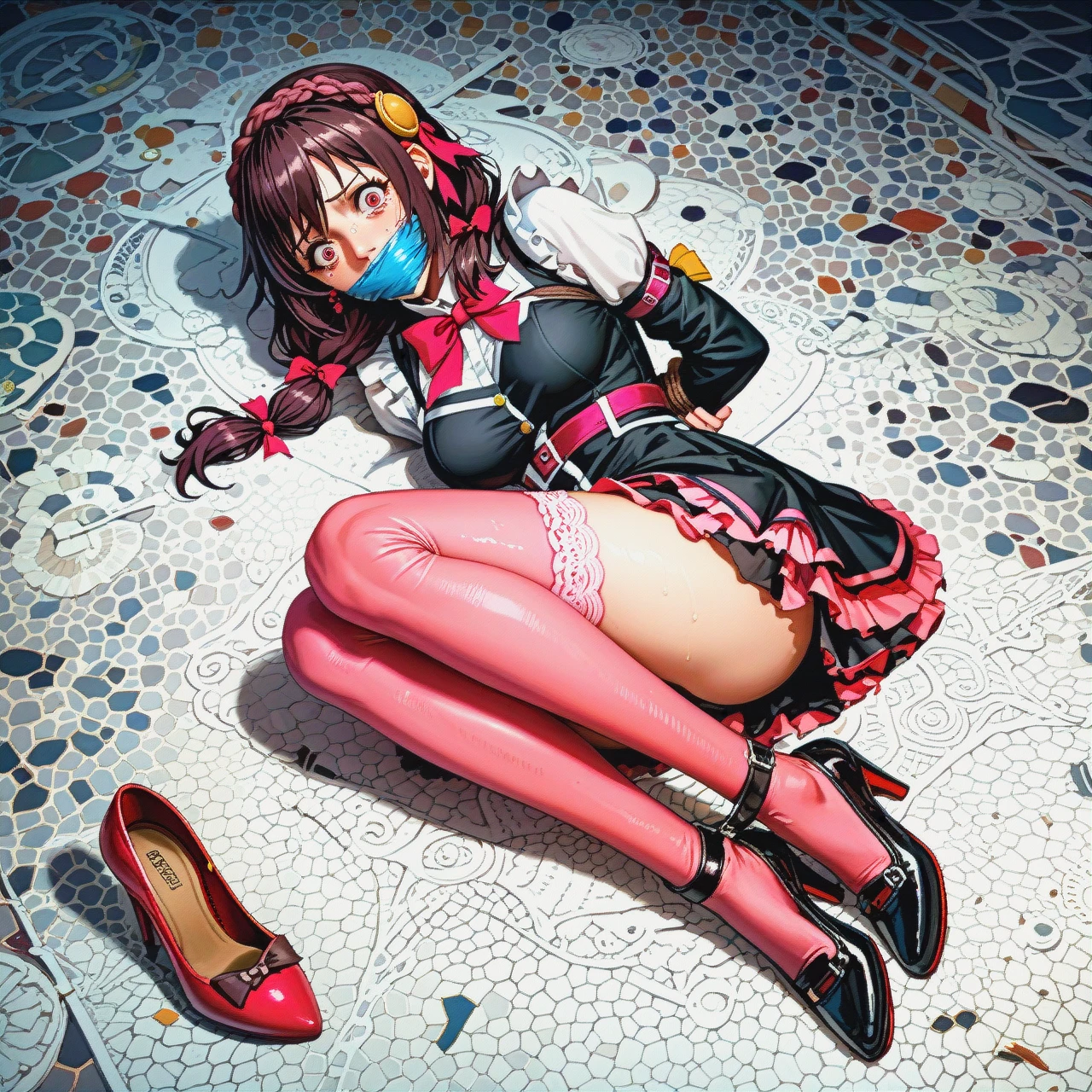 1 girl, solo, @yunyun, fully clothed, pink stockings, wearing one high shoe, (lying) on her back, (legs raised), tied with rope, (hands behind her back), gagged, (panicked), (scared), (looking at the viewer), (full length), (from above), prison.