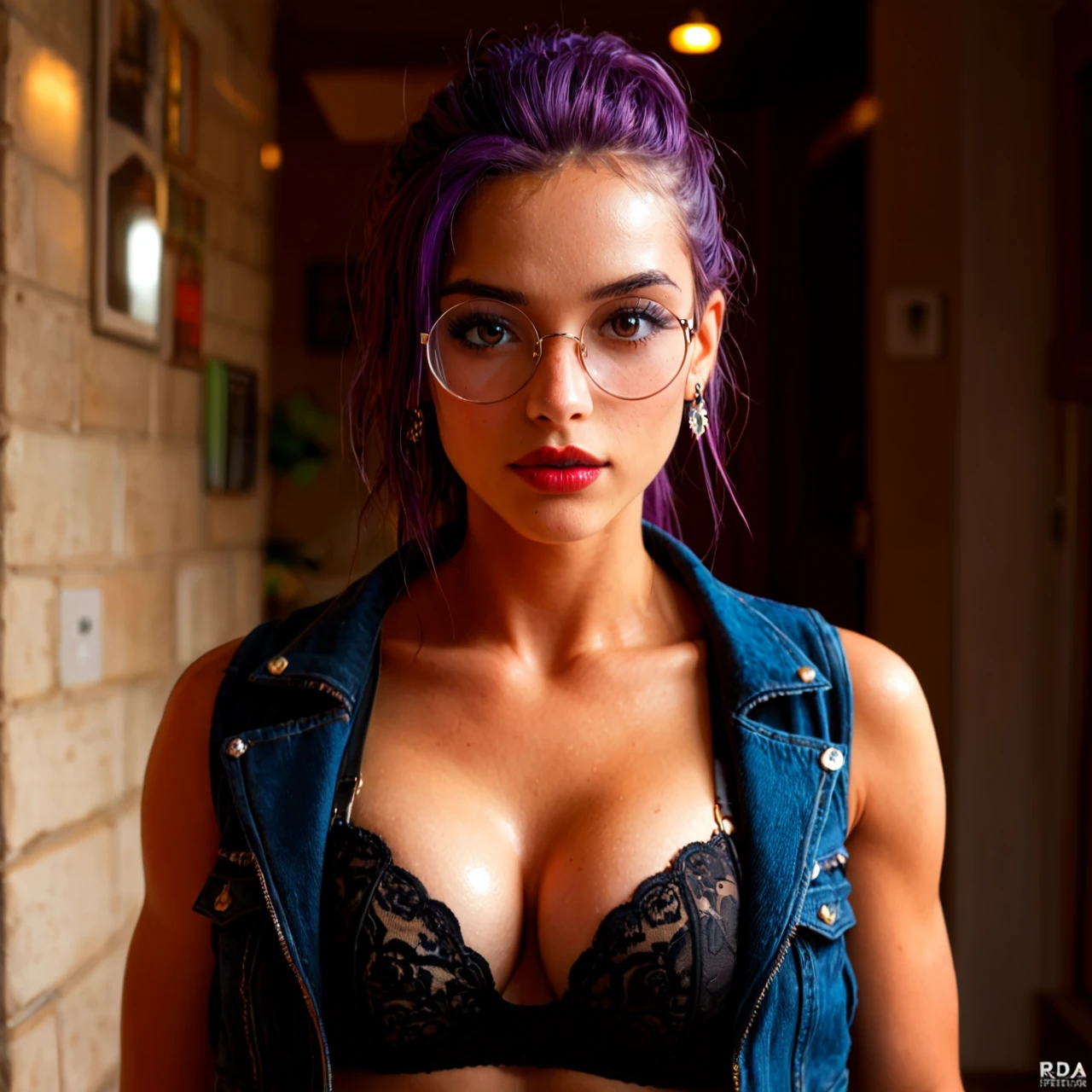 1 girl. She is an early twenties woman. She has a tall stature and her build would best be described as lithe. She has olive skin and dark brown eyes, and her waist-length punky purple hair is unstyled.   She has perky breasts and a plump butt.  Her most distinguishing feature is her long eyelashes.  Her right arm has a realistic black and white sleeve depicting a grinning skull. Her fashion sense would best be described as punk.   She is wearing a dark blue denim vest, a form-fitting black t-shirt, a red and red plaid skirt, faded black combat boots with black laces, and brown-framed round glasses. It looks like she isn't wearing a bra.